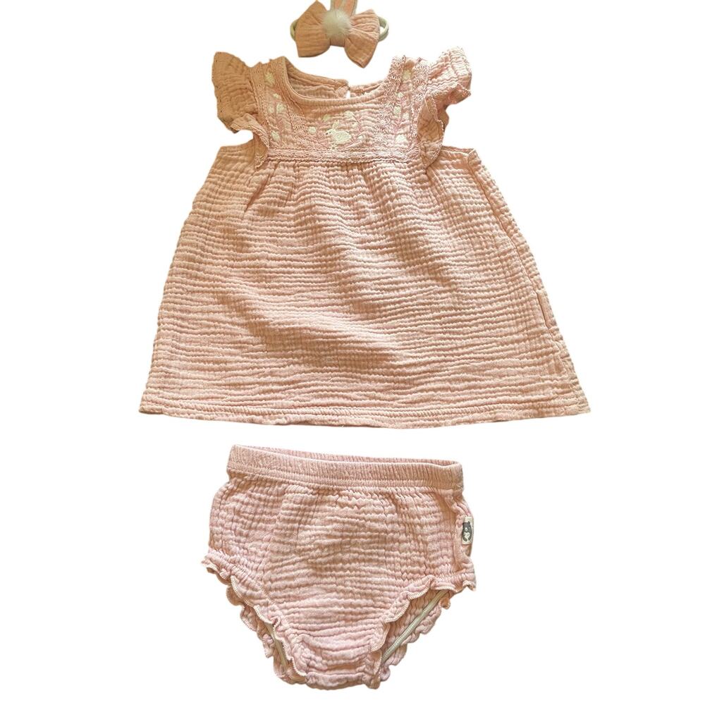 RABBIT & BEAR Organic Cotton Dress Bloomers Headband Set Pink 6-9 MONTHS